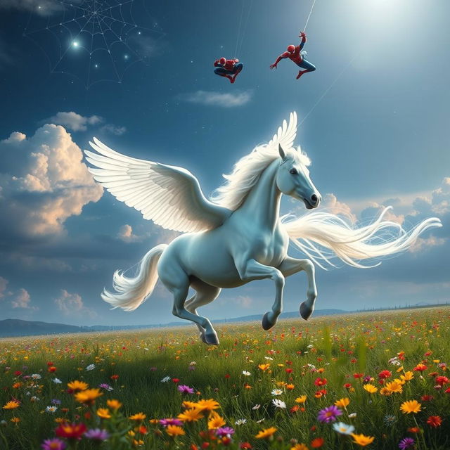 A magnificent glowing white Pegasus gallops dynamically through a vast, lush meadow filled with vibrant wildflowers, its ethereal mane flowing beautifully in the breeze