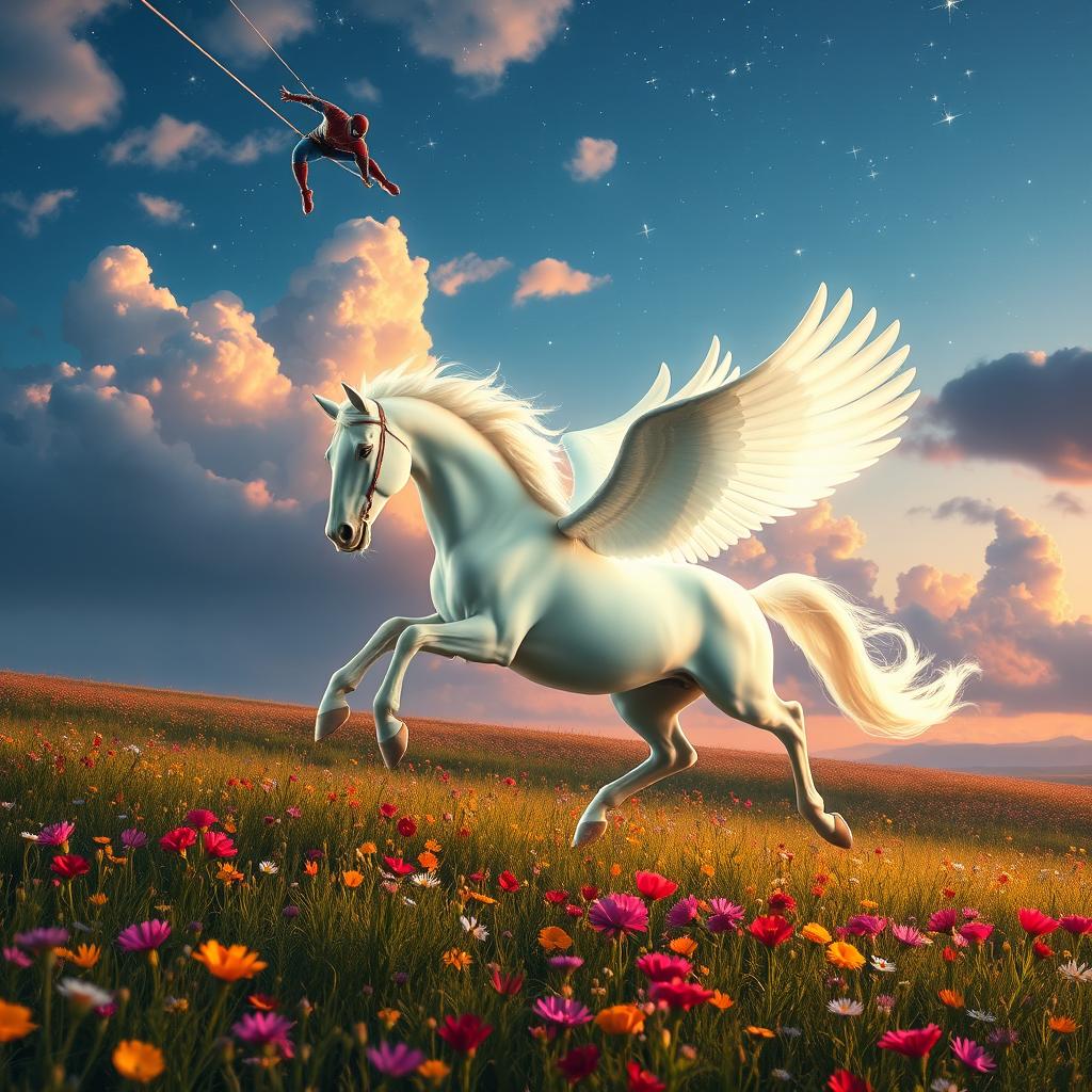 A magnificent glowing white Pegasus gallops dynamically through a vast, lush meadow filled with vibrant wildflowers, its ethereal mane flowing beautifully in the breeze