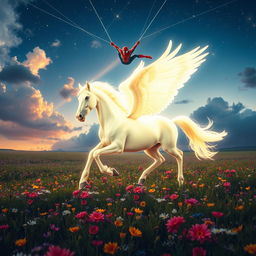 A magnificent glowing white Pegasus gallops dynamically through a vast, lush meadow filled with vibrant wildflowers, its ethereal mane flowing beautifully in the breeze
