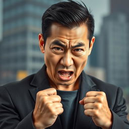 A captivating portrait of a Chinese man displaying anger, with a strong and intense expression