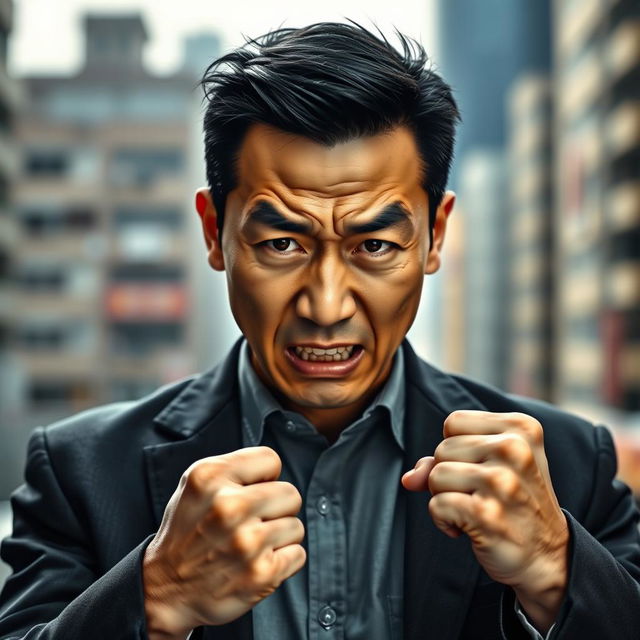 A captivating portrait of a Chinese man displaying anger, with a strong and intense expression