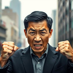 A captivating portrait of a Chinese man displaying anger, with a strong and intense expression