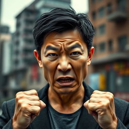 A captivating portrait of a Chinese man displaying anger, with a strong and intense expression