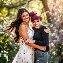 A stunning portrait of a beautiful couple, two women embracing each other in a serene outdoor setting, surrounded by blooming flowers and soft sunlight filtering through the trees