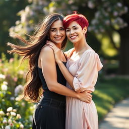 A stunning portrait of a beautiful couple, two women embracing each other in a serene outdoor setting, surrounded by blooming flowers and soft sunlight filtering through the trees