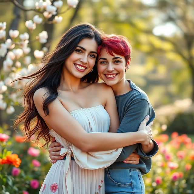 A stunning portrait of a beautiful couple, two women embracing each other in a serene outdoor setting, surrounded by blooming flowers and soft sunlight filtering through the trees