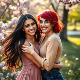 A stunning portrait of a beautiful couple, two women embracing each other in a serene outdoor setting, surrounded by blooming flowers and soft sunlight filtering through the trees
