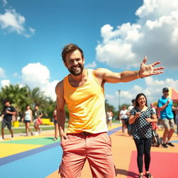 A humorous scene featuring a man in a playful pose, with a mischievous smile, standing in a colorful, vibrant outdoor park