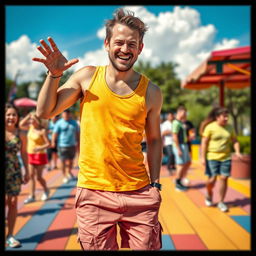 A humorous scene featuring a man in a playful pose, with a mischievous smile, standing in a colorful, vibrant outdoor park