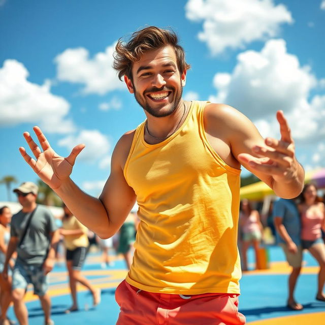 A humorous scene featuring a man in a playful pose, with a mischievous smile, standing in a colorful, vibrant outdoor park