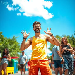 A humorous scene featuring a man in a playful pose, with a mischievous smile, standing in a colorful, vibrant outdoor park