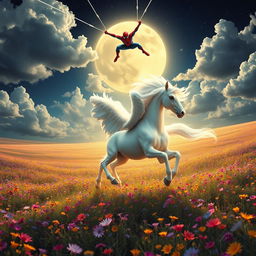 A breathtaking scene of a glowing white Pegasus galloping elegantly through a vast, colorful meadow adorned with wildflowers, its radiant mane shimmering in the soft moonlight