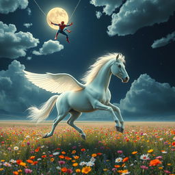 A breathtaking scene of a glowing white Pegasus galloping elegantly through a vast, colorful meadow adorned with wildflowers, its radiant mane shimmering in the soft moonlight