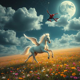 A breathtaking scene of a glowing white Pegasus galloping elegantly through a vast, colorful meadow adorned with wildflowers, its radiant mane shimmering in the soft moonlight