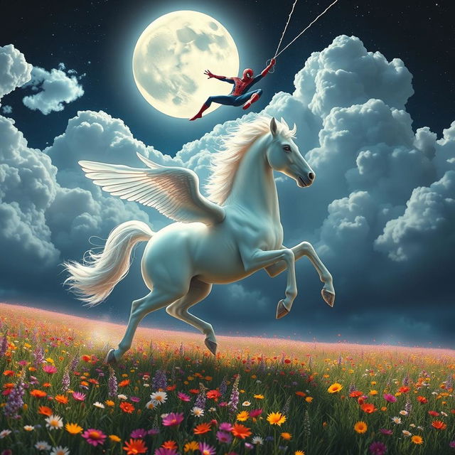 A breathtaking scene of a glowing white Pegasus galloping elegantly through a vast, colorful meadow adorned with wildflowers, its radiant mane shimmering in the soft moonlight