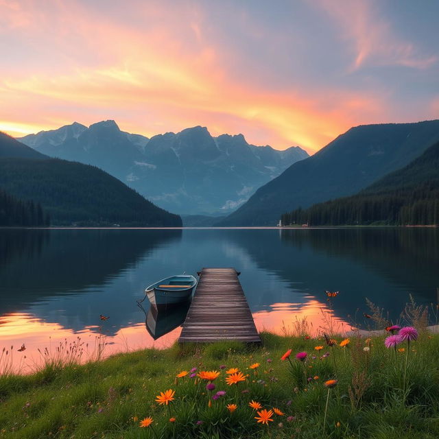 A serene landscape featuring a tranquil lake surrounded by lush green forests and majestic mountains in the background