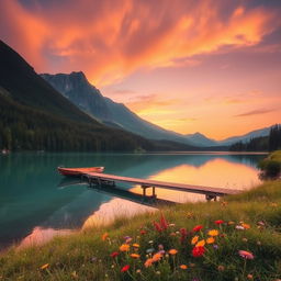 A serene landscape featuring a tranquil lake surrounded by lush green forests and majestic mountains in the background