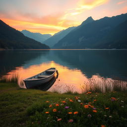 A serene landscape featuring a tranquil lake surrounded by lush green forests and majestic mountains in the background