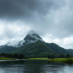 A picturesque landscape featuring a scenic mountain shrouded in mist and rain, with a large, bold letter 'S' creatively integrated into the mountain's natural rock formations