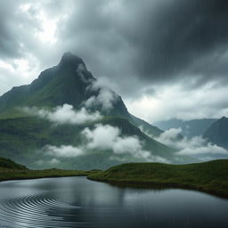 A picturesque landscape featuring a scenic mountain shrouded in mist and rain, with a large, bold letter 'S' creatively integrated into the mountain's natural rock formations