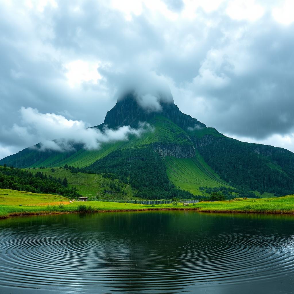 A picturesque landscape featuring a scenic mountain shrouded in mist and rain, with a large, bold letter 'S' creatively integrated into the mountain's natural rock formations