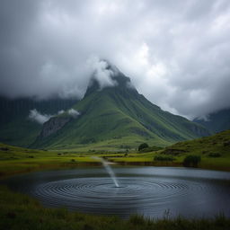 A picturesque landscape featuring a scenic mountain shrouded in mist and rain, with a large, bold letter 'S' creatively integrated into the mountain's natural rock formations