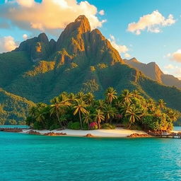 A breathtaking landscape of an unknown island, featuring lush tropical vegetation, towering palm trees swaying in the gentle breeze, clear turquoise waters surrounding the island, soft white sandy beaches, and a stunning sunset casting a warm golden hue over the scene