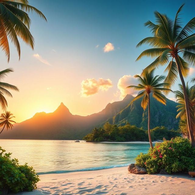 A breathtaking landscape of an unknown island, featuring lush tropical vegetation, towering palm trees swaying in the gentle breeze, clear turquoise waters surrounding the island, soft white sandy beaches, and a stunning sunset casting a warm golden hue over the scene