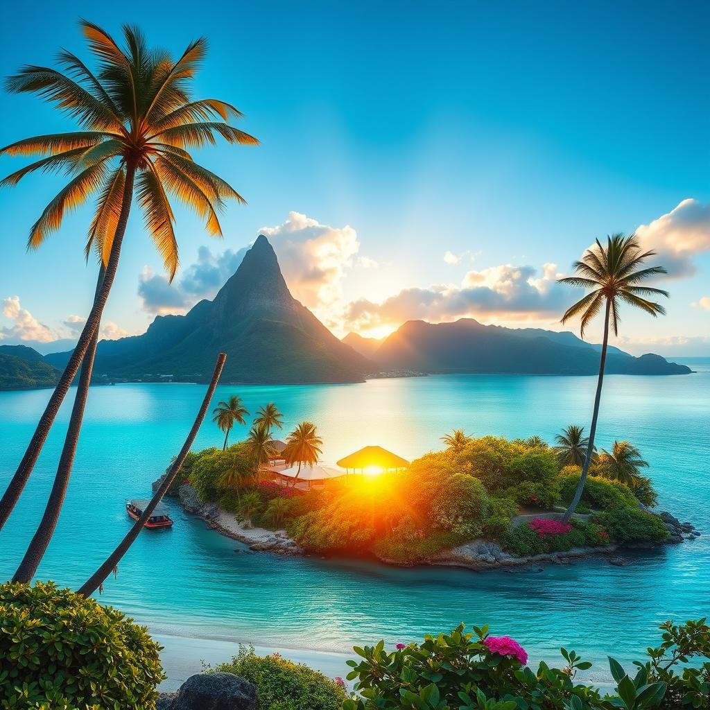 A breathtaking landscape of an unknown island, featuring lush tropical vegetation, towering palm trees swaying in the gentle breeze, clear turquoise waters surrounding the island, soft white sandy beaches, and a stunning sunset casting a warm golden hue over the scene