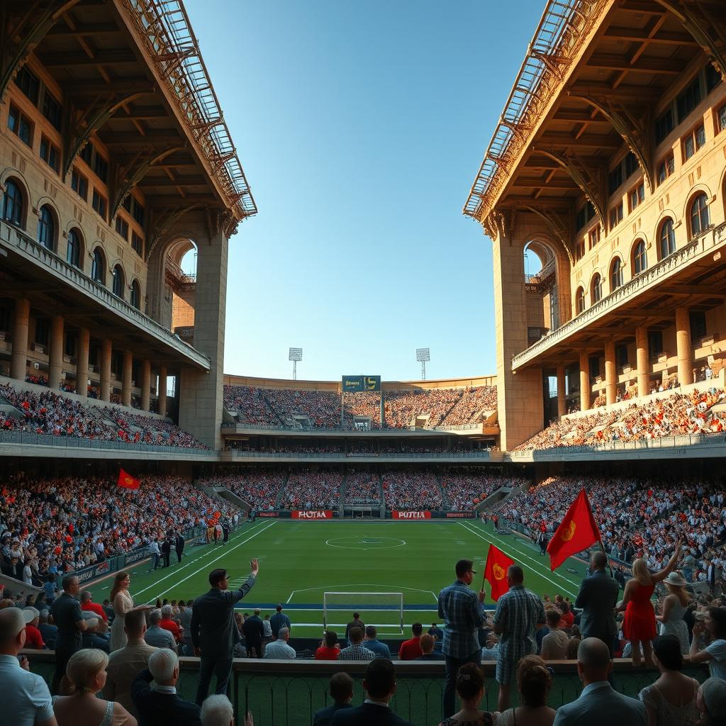 A grand football stadium, showcasing an elegant architectural design reminiscent of classic stadiums from the early 20th century