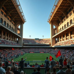 A grand football stadium, showcasing an elegant architectural design reminiscent of classic stadiums from the early 20th century