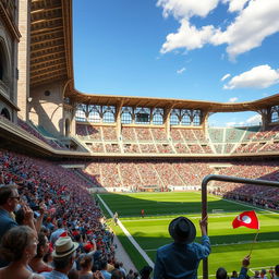 A grand football stadium, showcasing an elegant architectural design reminiscent of classic stadiums from the early 20th century