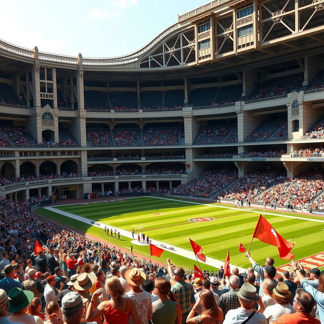 A grand football stadium, showcasing an elegant architectural design reminiscent of classic stadiums from the early 20th century