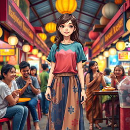 A teenage girl standing confidently in a vibrant Indian market, showcasing her fun-loving personality