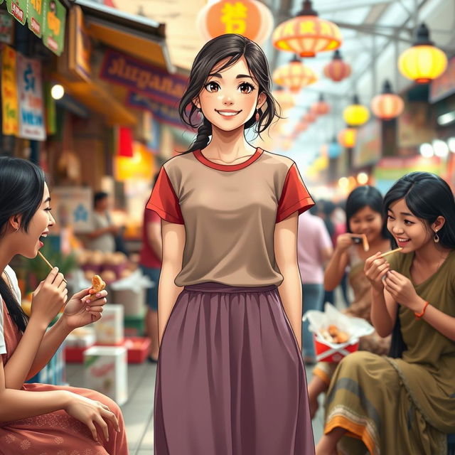 A teenage girl standing confidently in a vibrant Indian market, showcasing her fun-loving personality