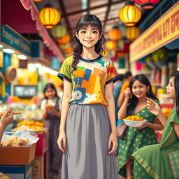 A teenage girl standing confidently in a vibrant Indian market, showcasing her fun-loving personality