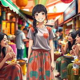 A teenage girl standing confidently in a vibrant Indian market, showcasing her fun-loving personality