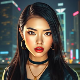 A fierce, stylish Korean girl with a mean expression, showcasing her confidence and attitude