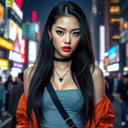 A fierce, stylish Korean girl with a mean expression, showcasing her confidence and attitude