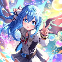 A digital artwork featuring a blue-haired anime girl, with vibrant and expressive eyes, dressed in a stylish and dynamic outfit that showcases her personality