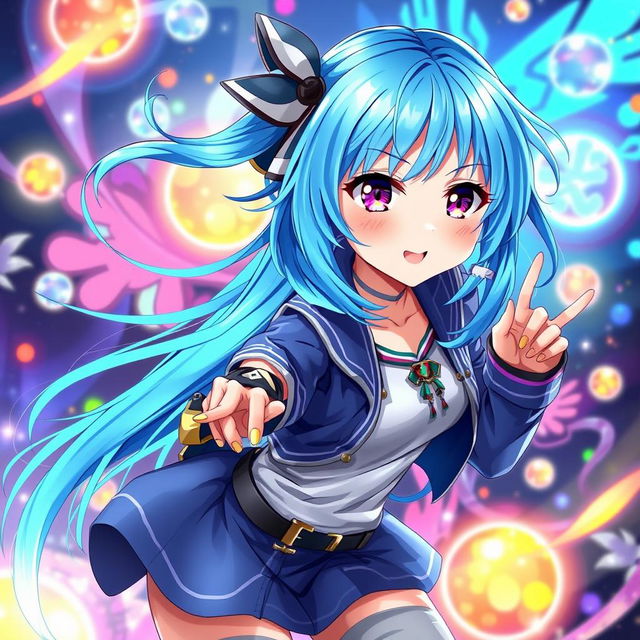 A digital artwork featuring a blue-haired anime girl, with vibrant and expressive eyes, dressed in a stylish and dynamic outfit that showcases her personality