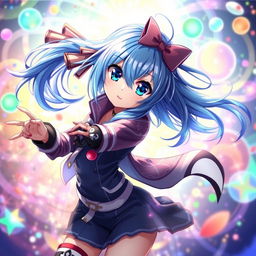 A digital artwork featuring a blue-haired anime girl, with vibrant and expressive eyes, dressed in a stylish and dynamic outfit that showcases her personality
