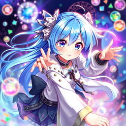 A digital artwork featuring a blue-haired anime girl, with vibrant and expressive eyes, dressed in a stylish and dynamic outfit that showcases her personality