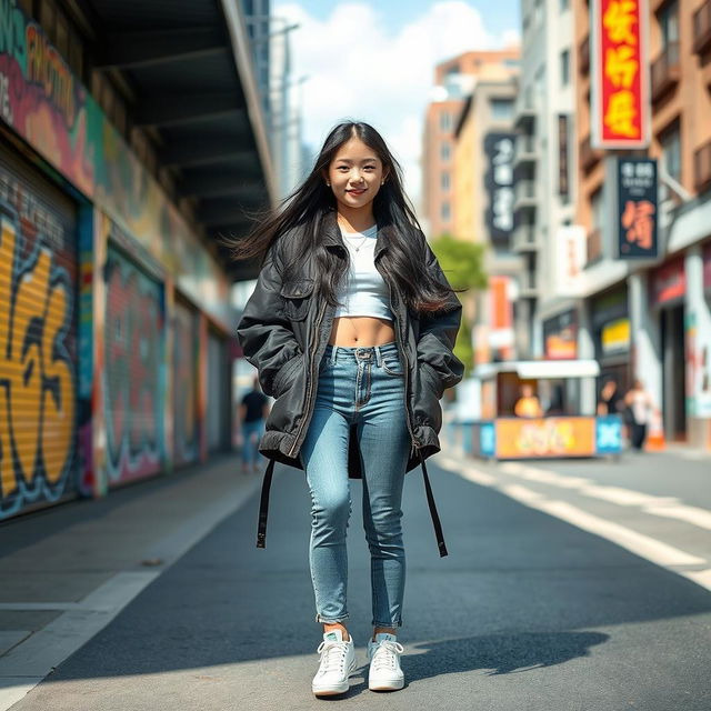 A fashionable Korean teenage girl standing confidently in a modern urban setting