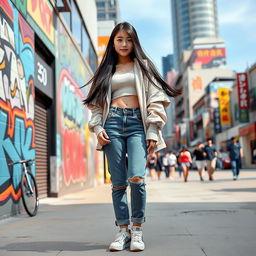 A fashionable Korean teenage girl standing confidently in a modern urban setting