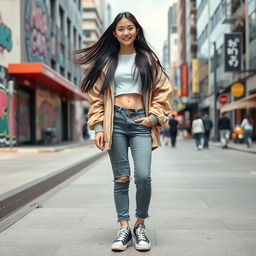 A fashionable Korean teenage girl standing confidently in a modern urban setting