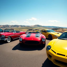 A stunning lineup of vintage and modern cars parked under a clear blue sky