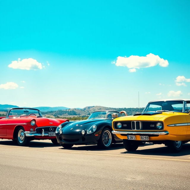 A stunning lineup of vintage and modern cars parked under a clear blue sky