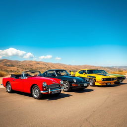 A stunning lineup of vintage and modern cars parked under a clear blue sky