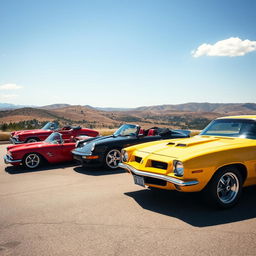 A stunning lineup of vintage and modern cars parked under a clear blue sky